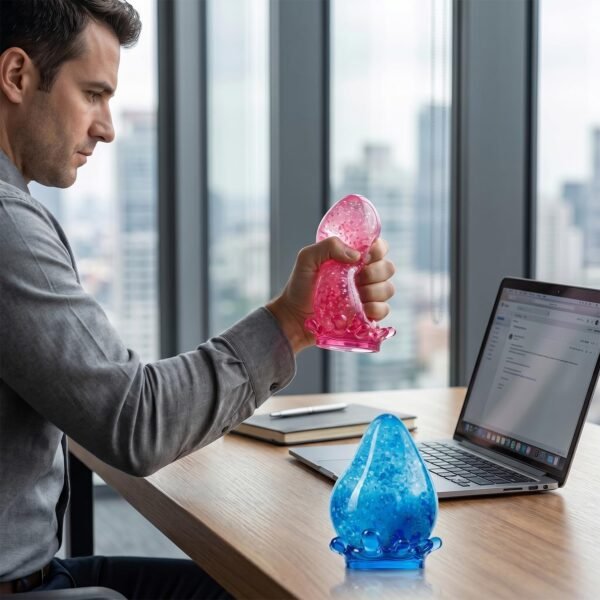 Blue NeeDoh Dream Drop raindrop squish toy resting on its clear splash-shaped stand — Image 6 of 7