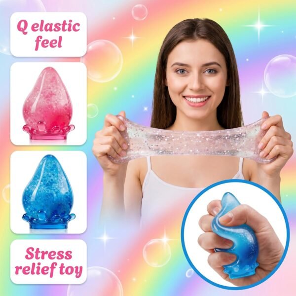 Blue NeeDoh Dream Drop raindrop squish toy resting on its clear splash-shaped stand — Image 3 of 7