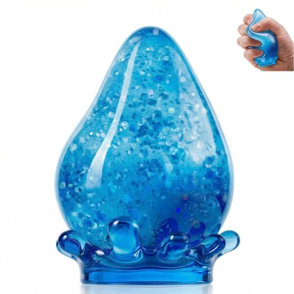 Blue NeeDoh Dream Drop raindrop squish toy resting on its clear splash-shaped stand — Image 1 of 7