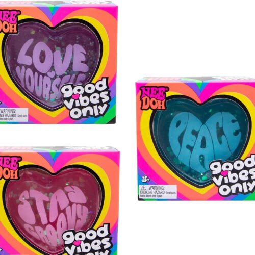 Translucent glitter NeeDoh Good Vibes Only heart fidget toy with a surprise positive phrase — Image 1 of 1
