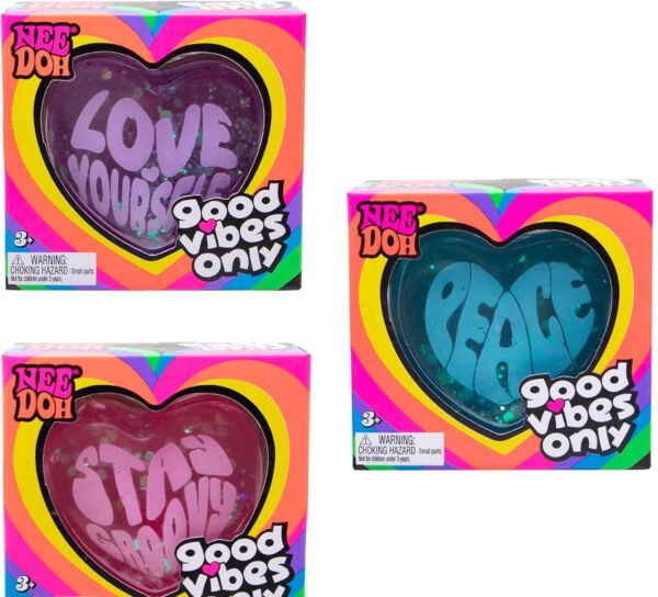 Translucent glitter NeeDoh Good Vibes Only heart fidget toy with a surprise positive phrase — Image 1 of 1